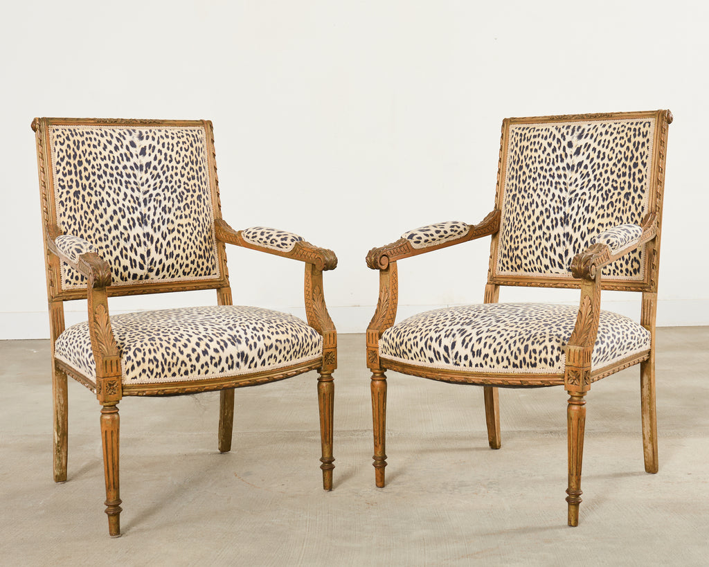 Pair of French Louis XVI Style Carved Beech Armchairs