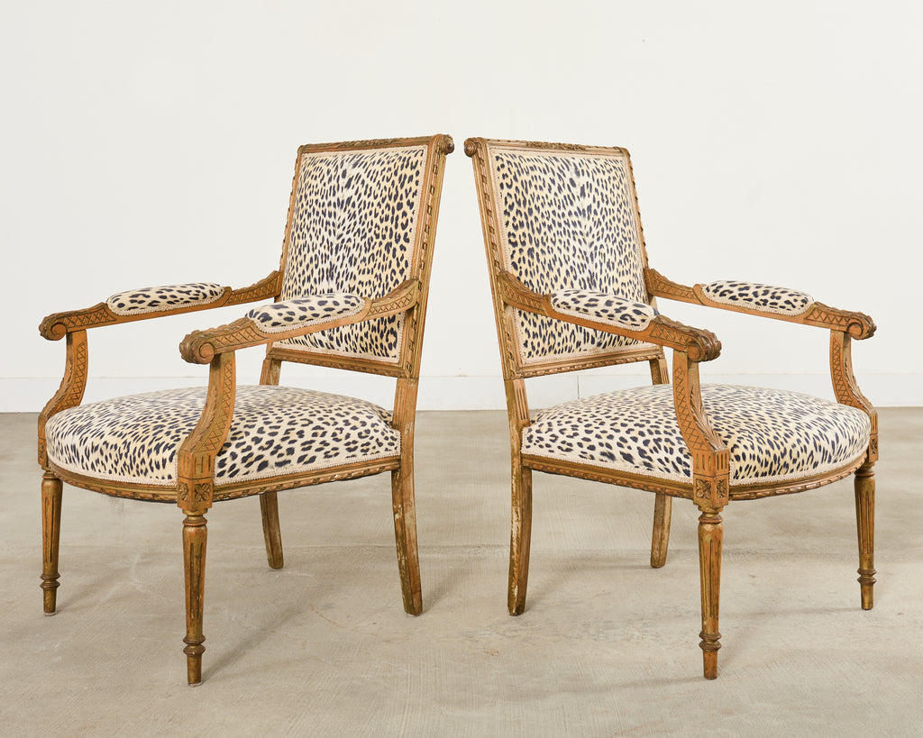 Pair of French Louis XVI Style Carved Beech Armchairs