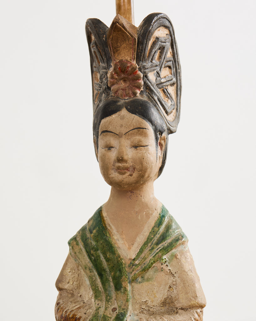 Pair of Chinese Tang Dynasty Style Figural Pottery Table Lamps