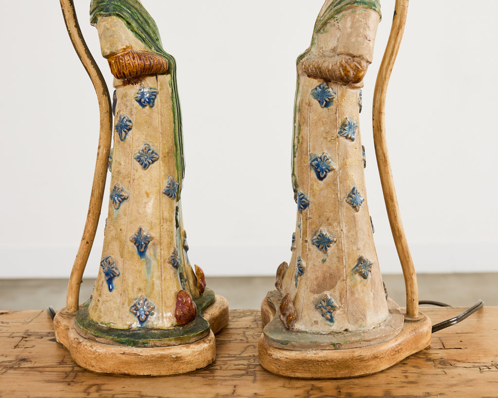 Pair of Chinese Tang Dynasty Style Figural Pottery Table Lamps