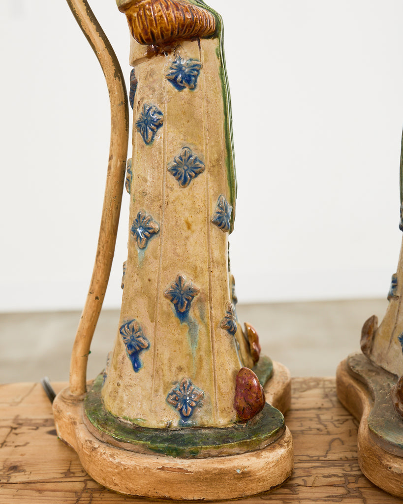 Pair of Chinese Tang Dynasty Style Figural Pottery Table Lamps