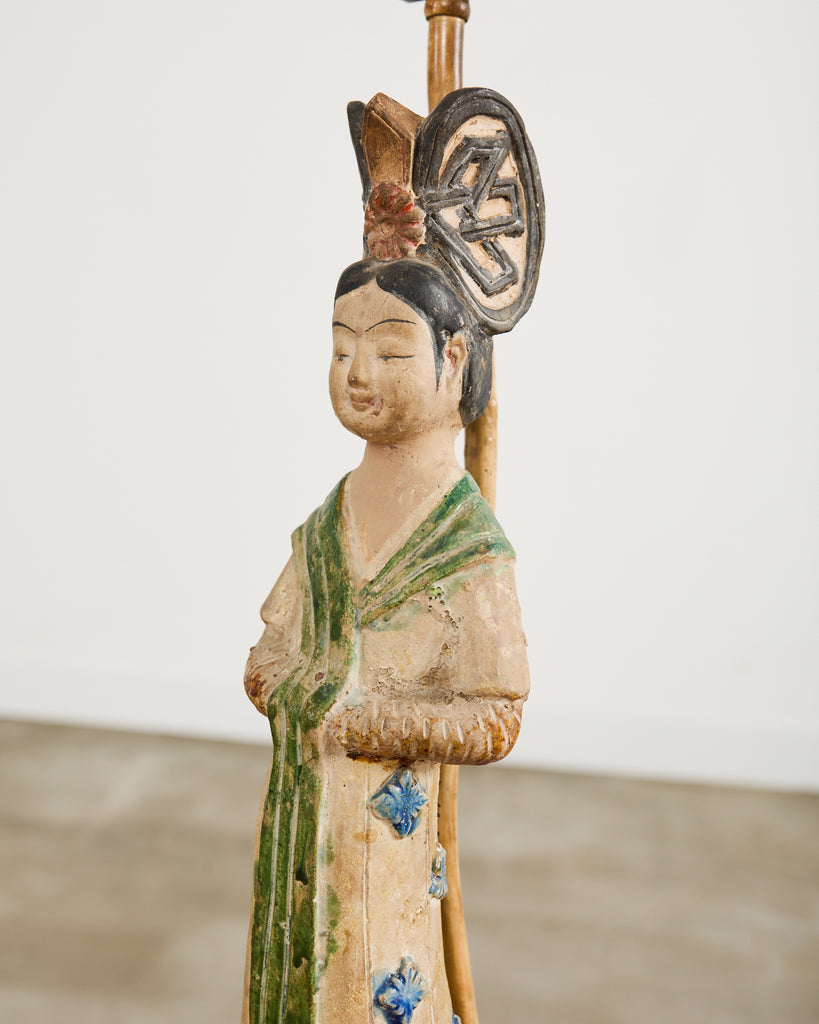 Pair of Chinese Tang Dynasty Style Figural Pottery Table Lamps