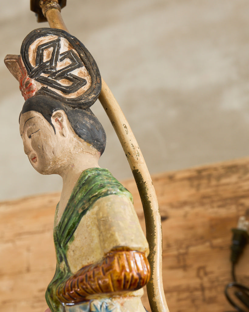 Pair of Chinese Tang Dynasty Style Figural Pottery Table Lamps