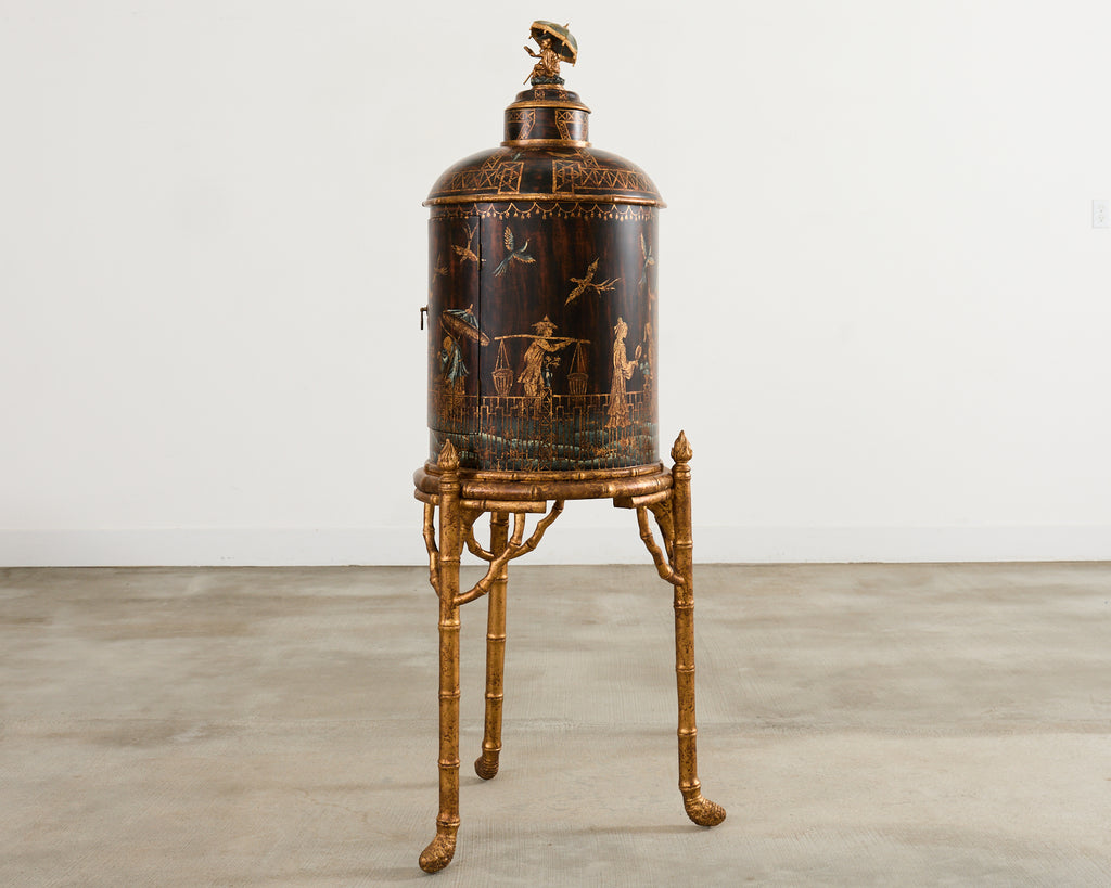 Faux Bamboo Chinoiserie Decorated Bar Cabinet on Stand