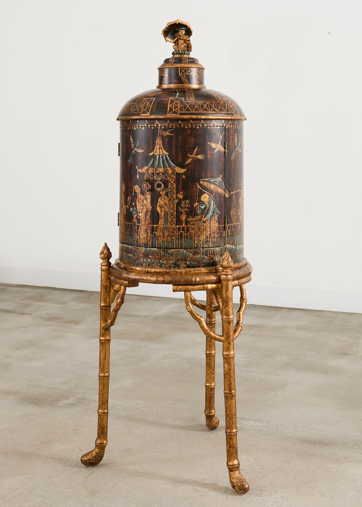 Faux Bamboo Chinoiserie Decorated Bar Cabinet on Stand