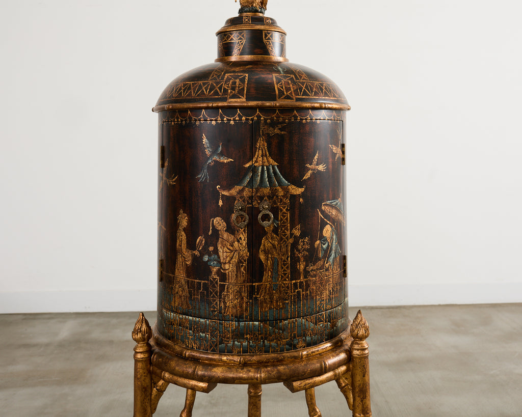 Faux Bamboo Chinoiserie Decorated Bar Cabinet on Stand