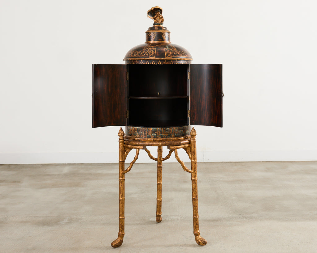 Faux Bamboo Chinoiserie Decorated Bar Cabinet on Stand