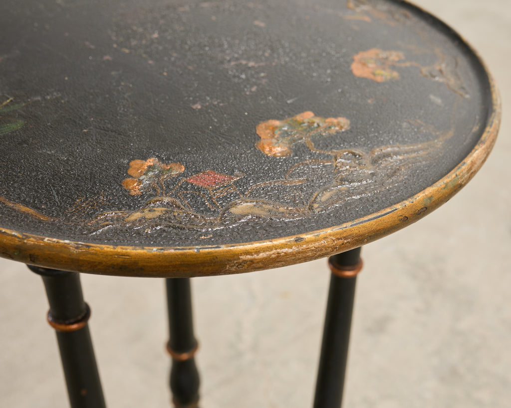 20th C. English Chinoiserie Ebonized Gilt Tripod Drinks Table