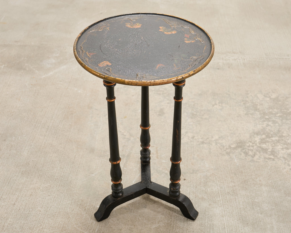 20th C. English Chinoiserie Ebonized Gilt Tripod Drinks Table