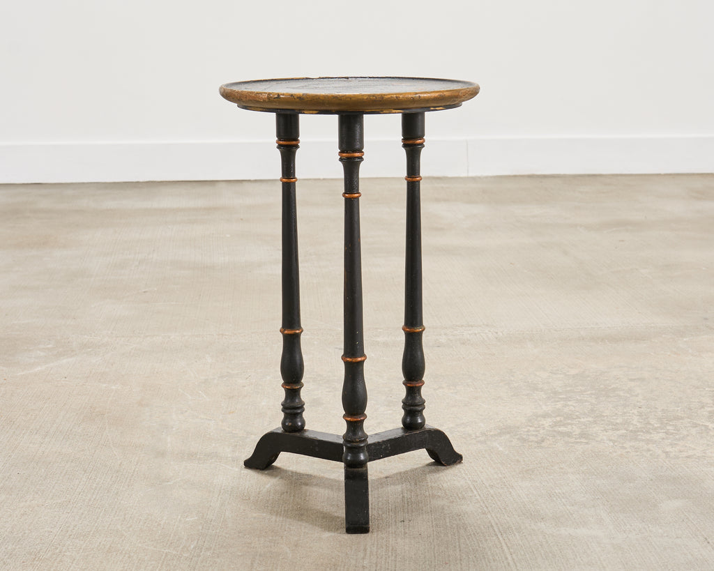 20th C. English Chinoiserie Ebonized Gilt Tripod Drinks Table