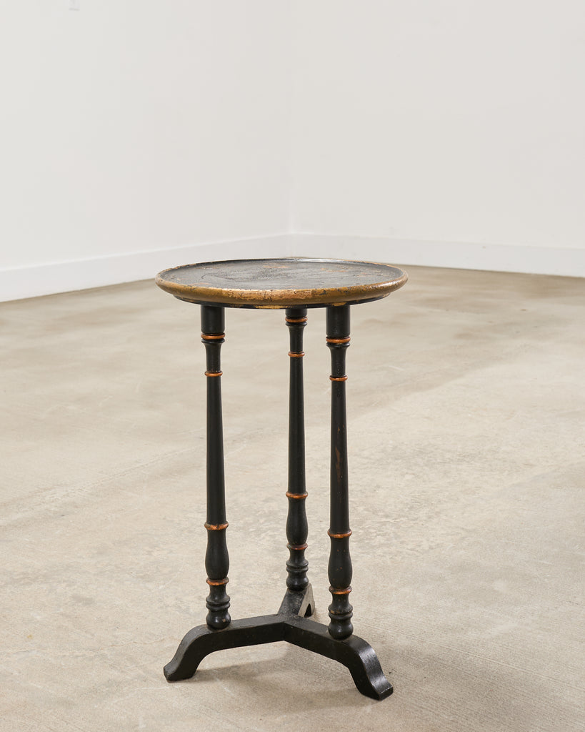 20th C. English Chinoiserie Ebonized Gilt Tripod Drinks Table
