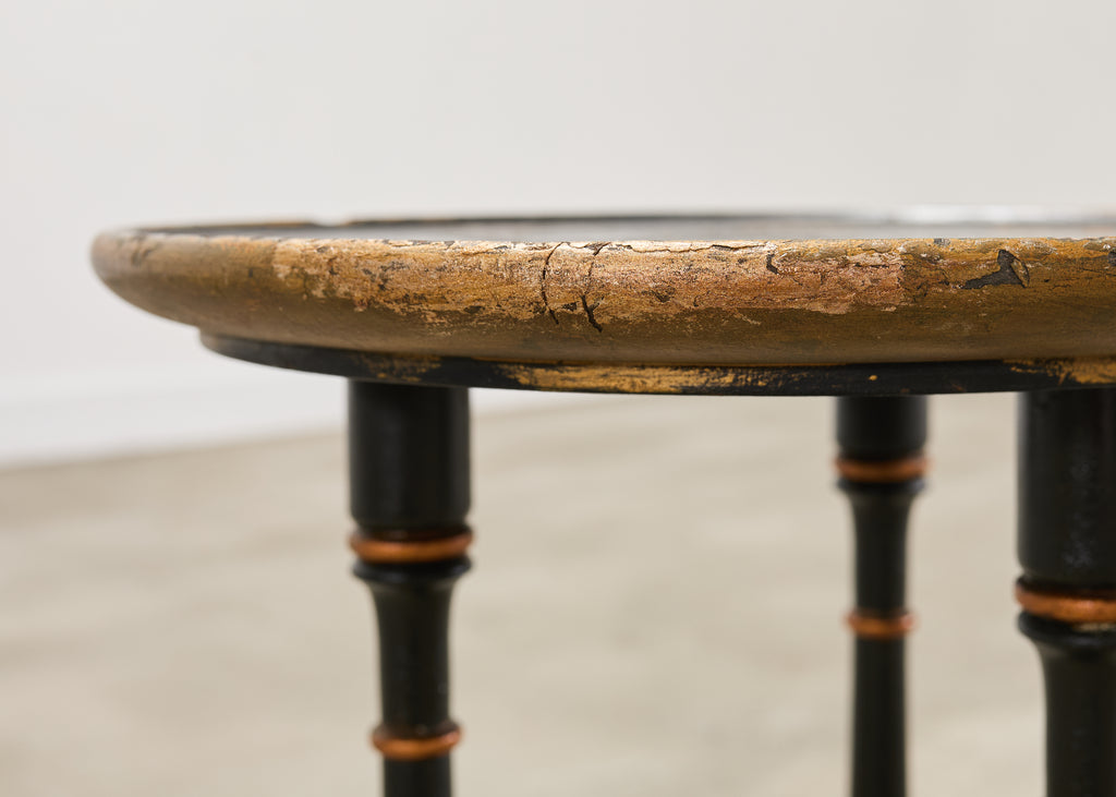 20th C. English Chinoiserie Ebonized Gilt Tripod Drinks Table
