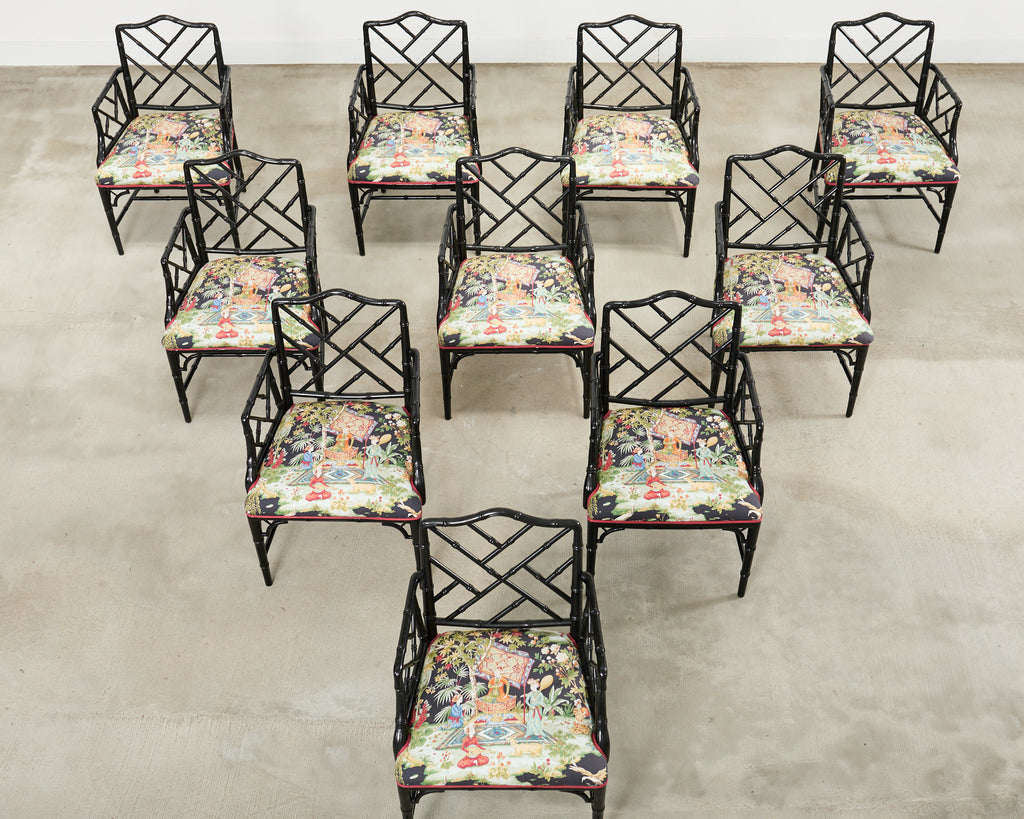 Set of Ten Chinese Chippendale Lacquered Faux Bamboo Dining Chairs