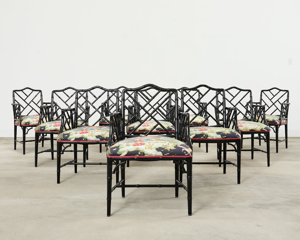 Set of Ten Chinese Chippendale Lacquered Faux Bamboo Dining Chairs
