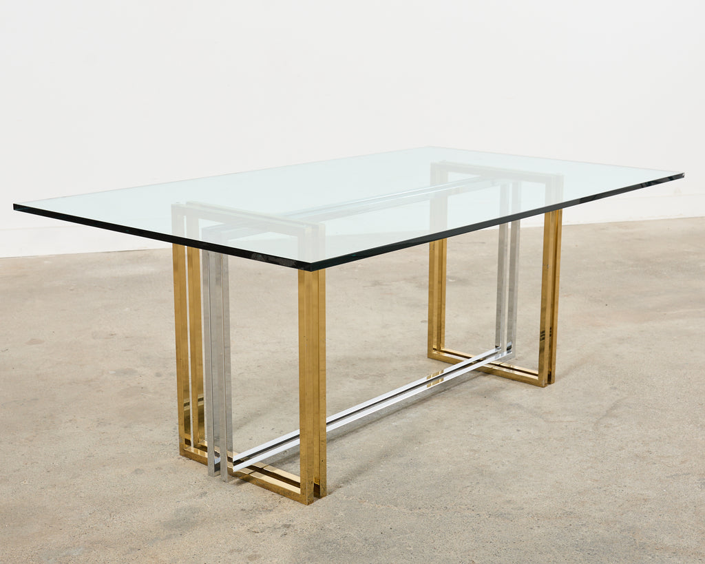 Romeo Rega Style Italian Brass Chrome Dining Trestle Table