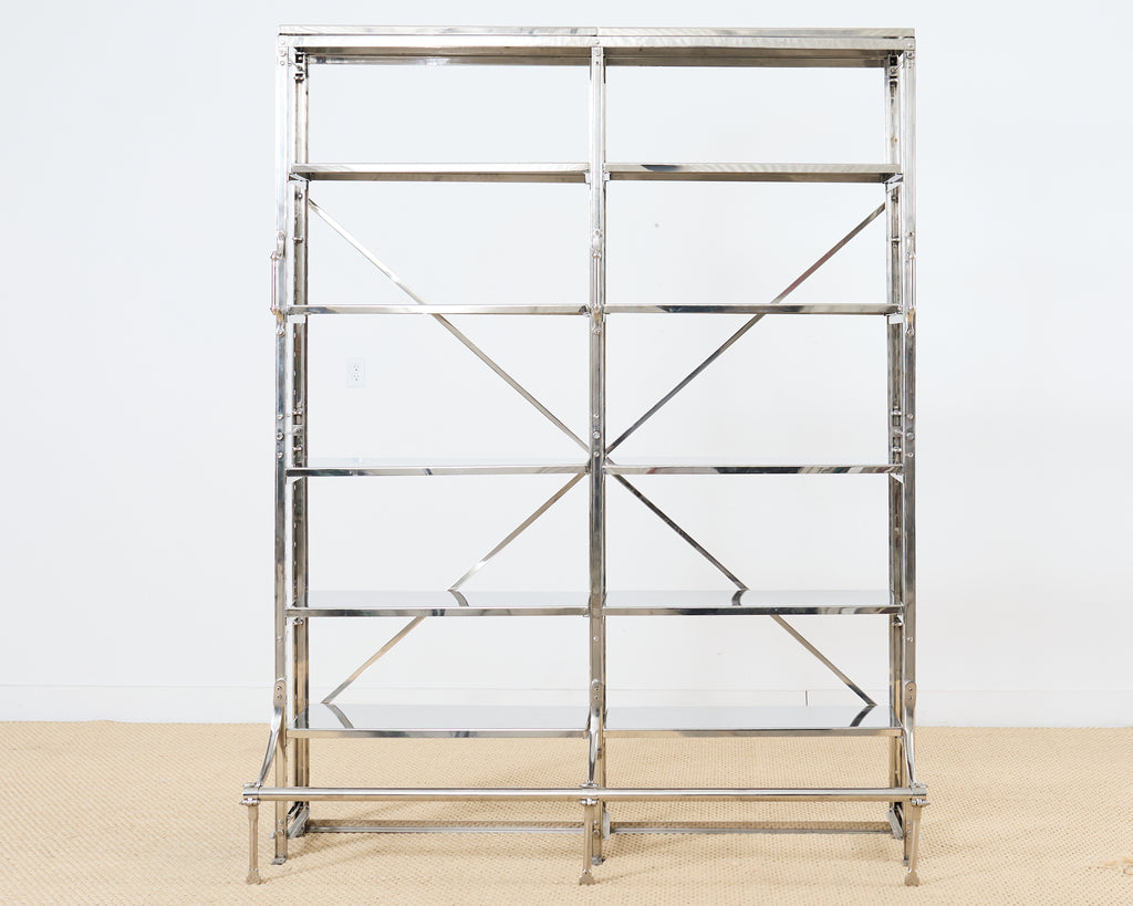 Industrial Style Polished Steel Library Etagere Bookcase with Step