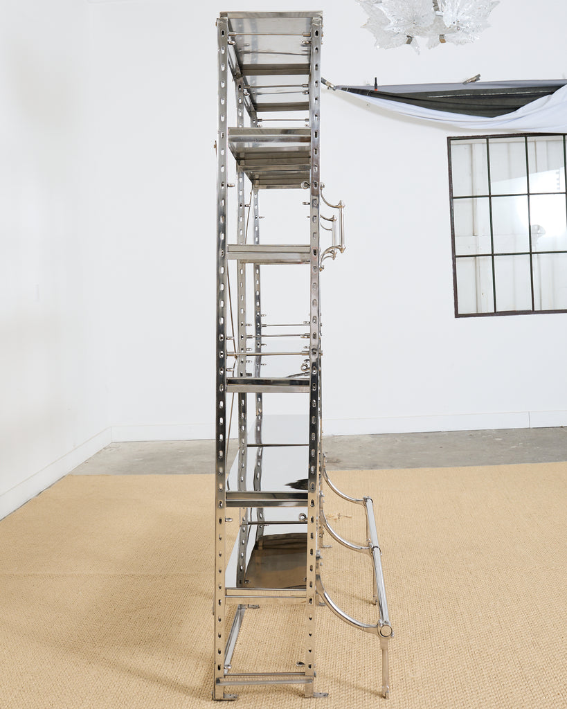 Industrial Style Polished Steel Library Etagere Bookcase with Step