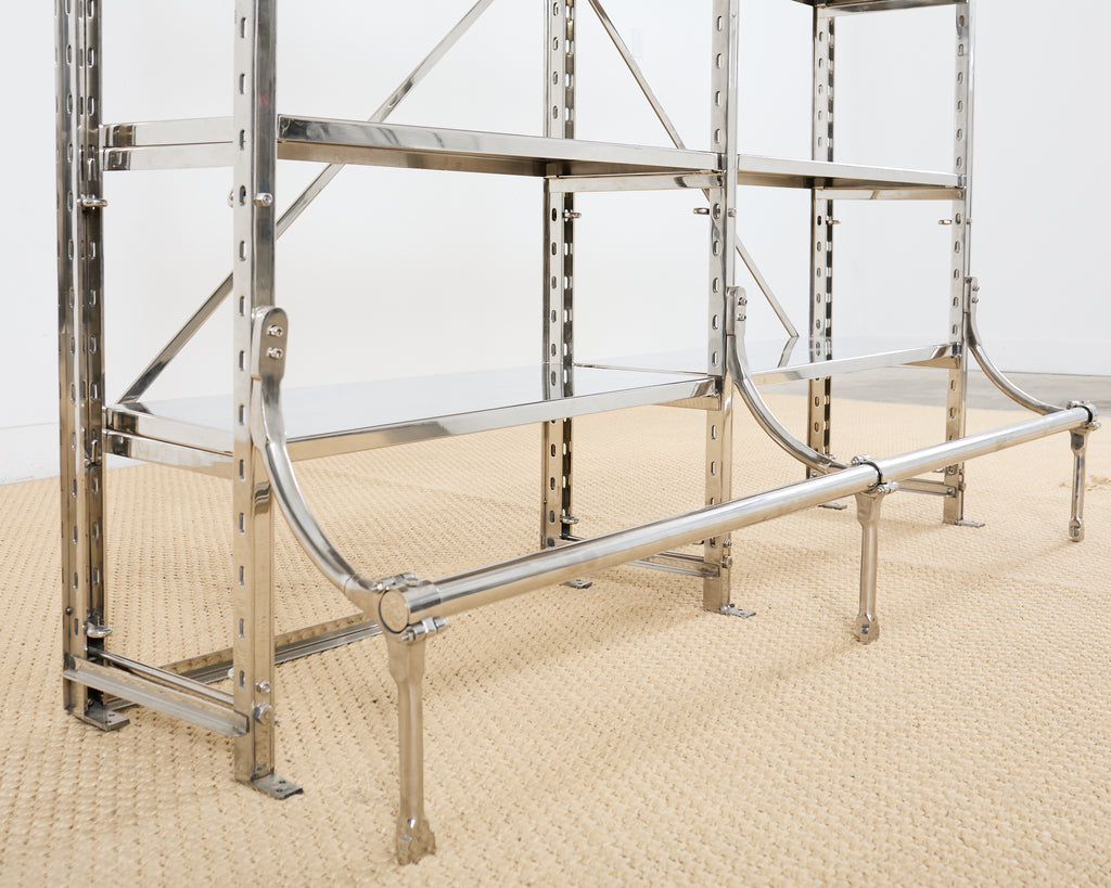 Industrial Style Polished Steel Library Etagere Bookcase with Step