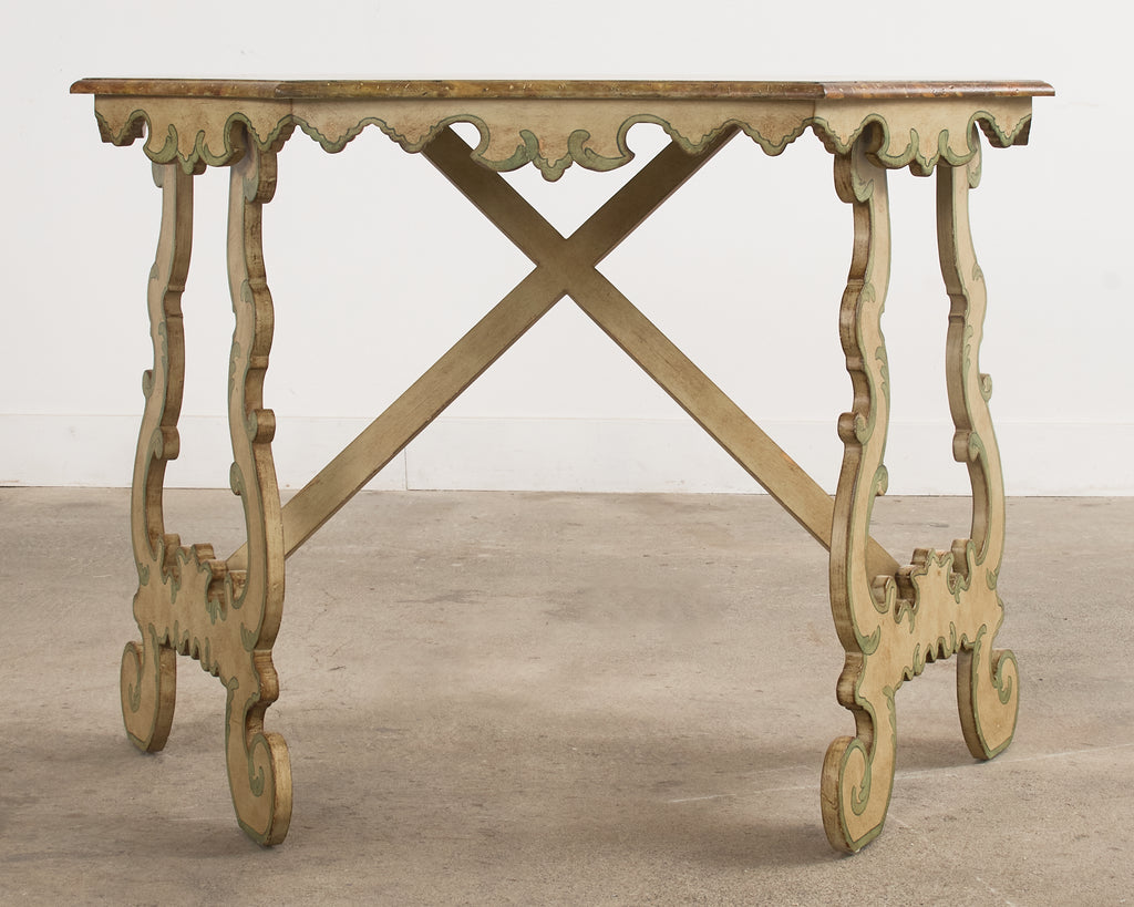 Pair of Italian Baroque Style Painted Faux Marble Top Consoles