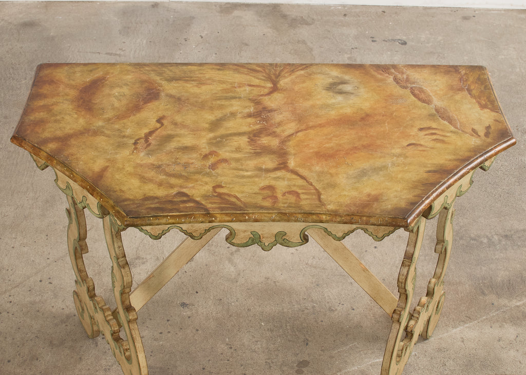 Pair of Italian Baroque Style Painted Faux Marble Top Consoles