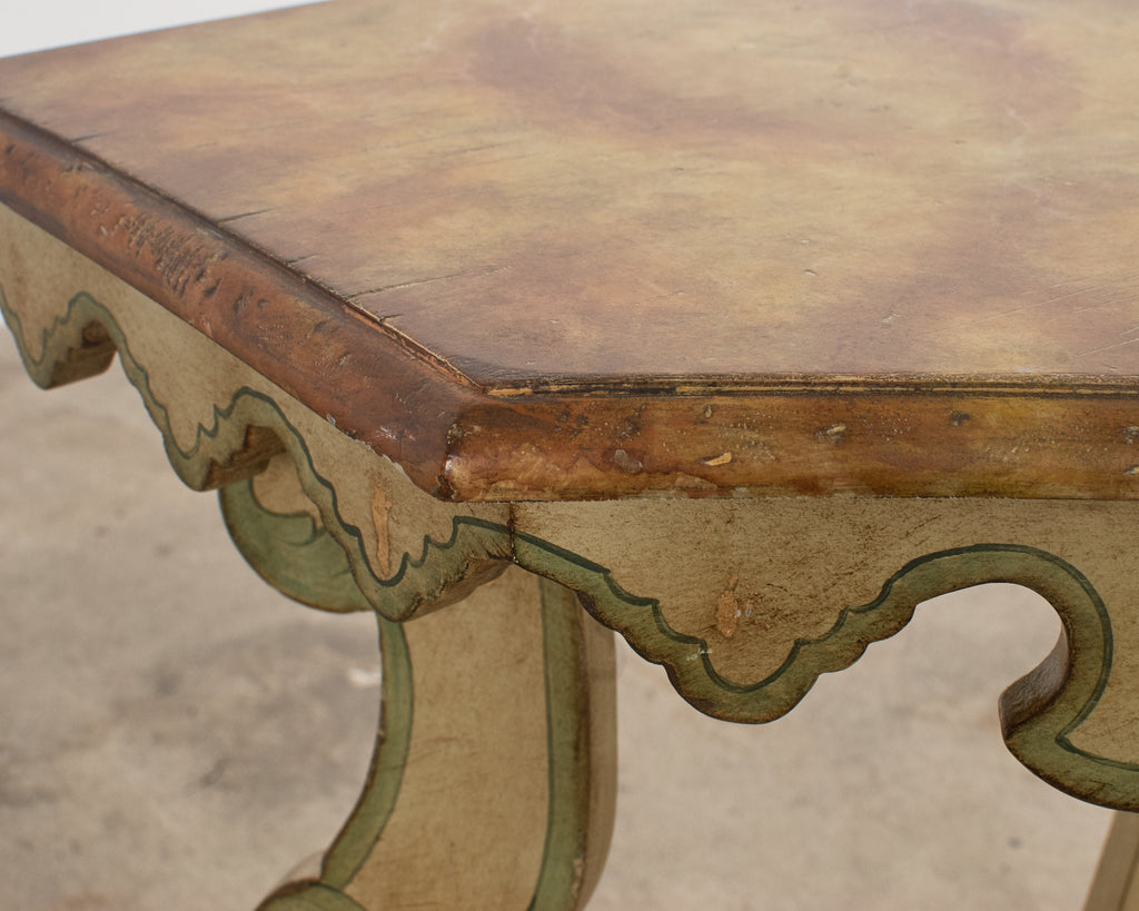 Pair of Italian Baroque Style Painted Faux Marble Top Consoles