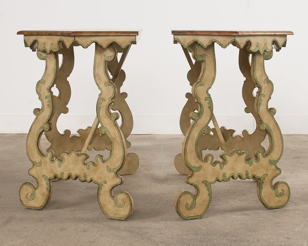 Pair of Italian Baroque Style Painted Faux Marble Top Consoles