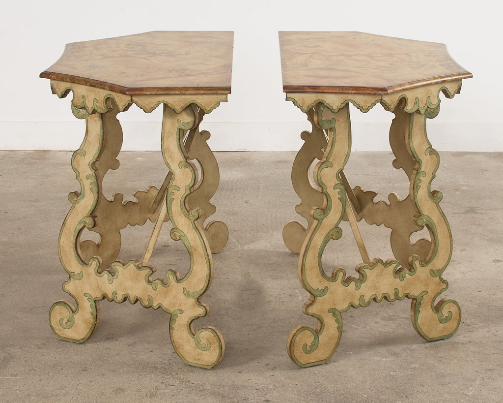 Pair of Italian Baroque Style Painted Faux Marble Top Consoles