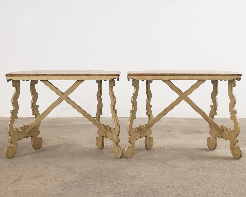 Pair of Italian Baroque Style Painted Faux Marble Top Consoles