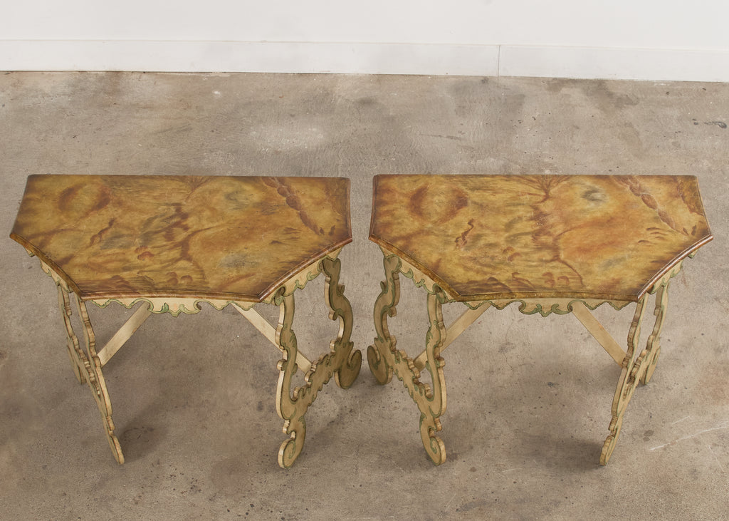 Pair of Italian Baroque Style Painted Faux Marble Top Consoles