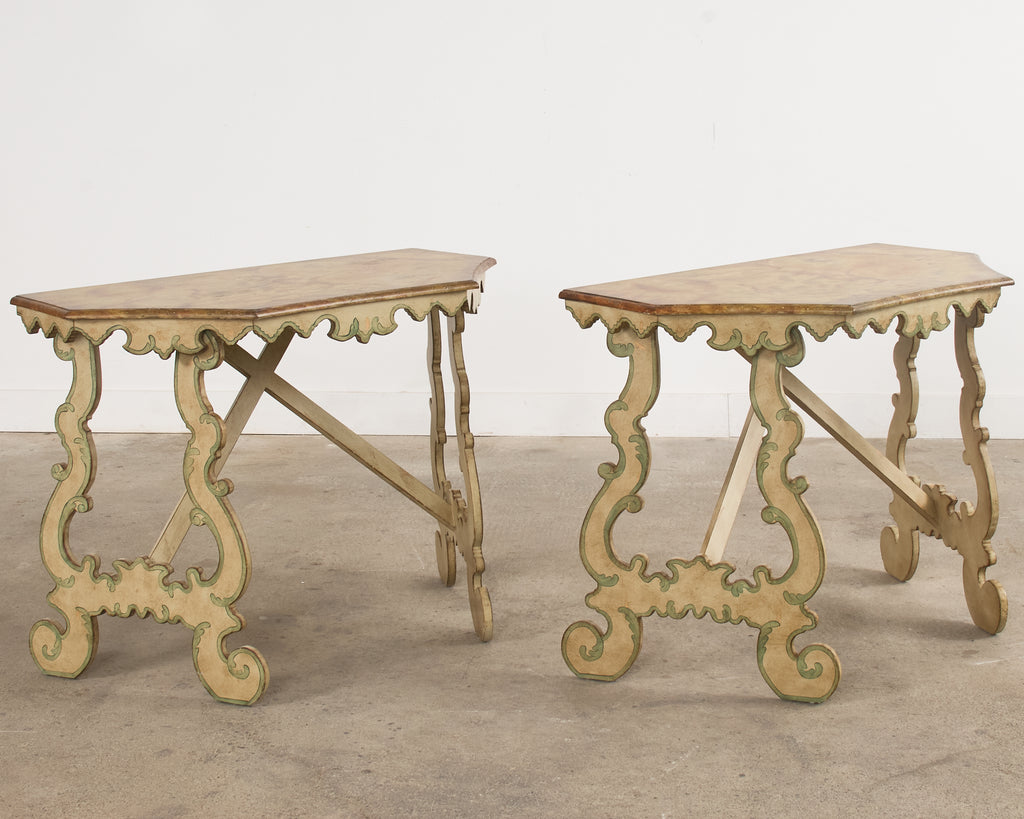 Pair of Italian Baroque Style Painted Faux Marble Top Consoles