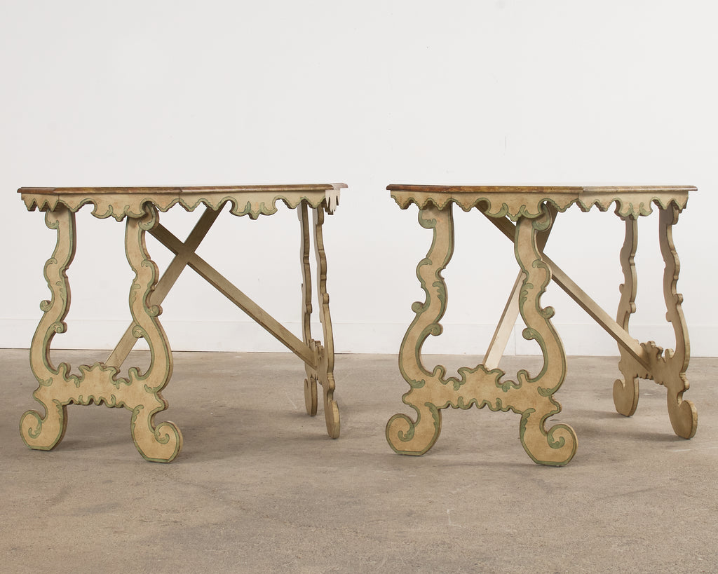 Pair of Italian Baroque Style Painted Faux Marble Top Consoles