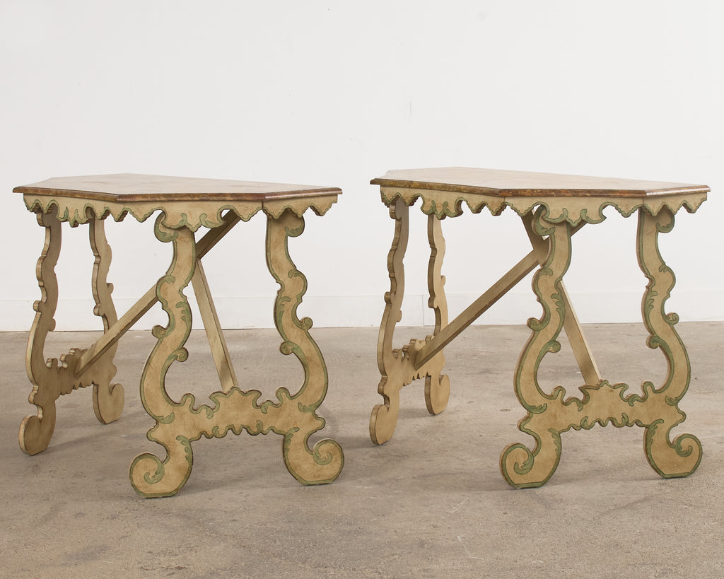 Pair of Italian Baroque Style Painted Faux Marble Top Consoles