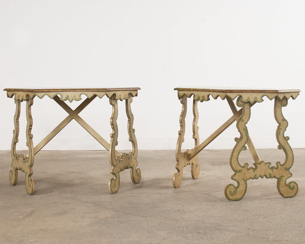 Pair of Italian Baroque Style Painted Faux Marble Top Consoles