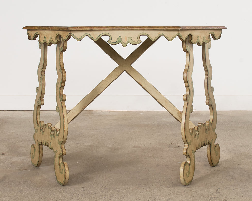 Pair of Italian Baroque Style Painted Faux Marble Top Consoles