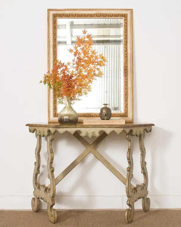 Pair of Italian Baroque Style Painted Faux Marble Top Consoles