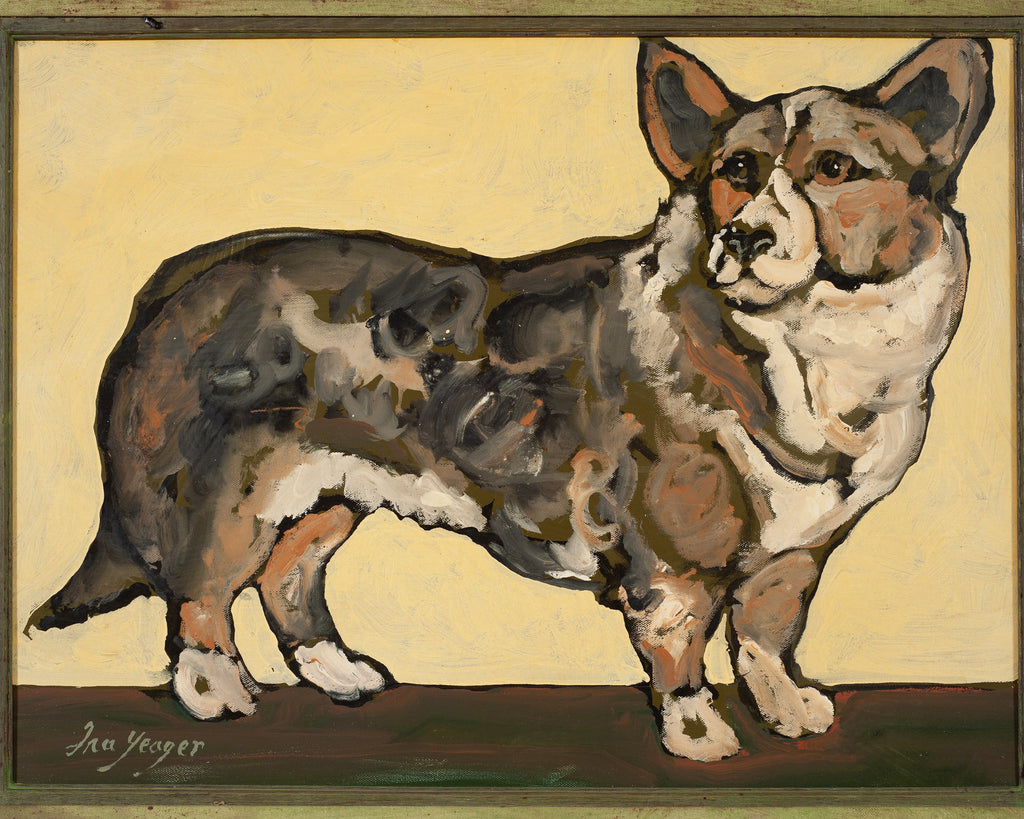 Ira Yeager Corgi Dog Oil on Canvas Folk Art Painting 2005