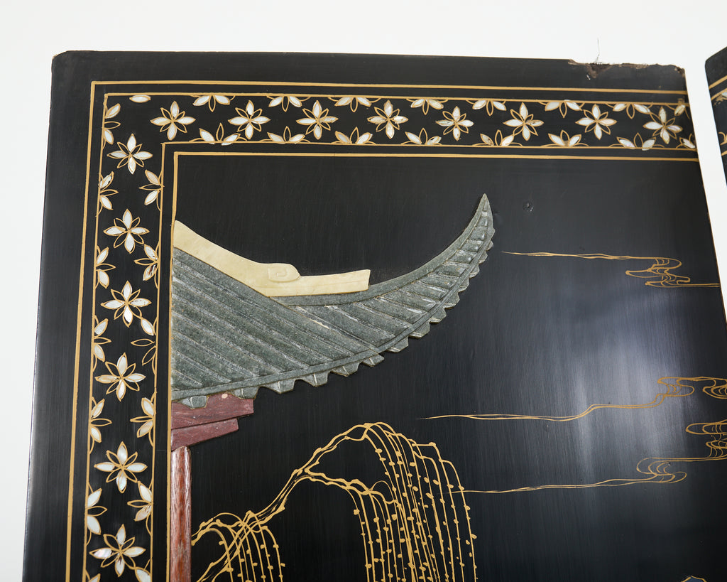 Chinese Export Four Panel Carved Soapstone Coromandel Screen