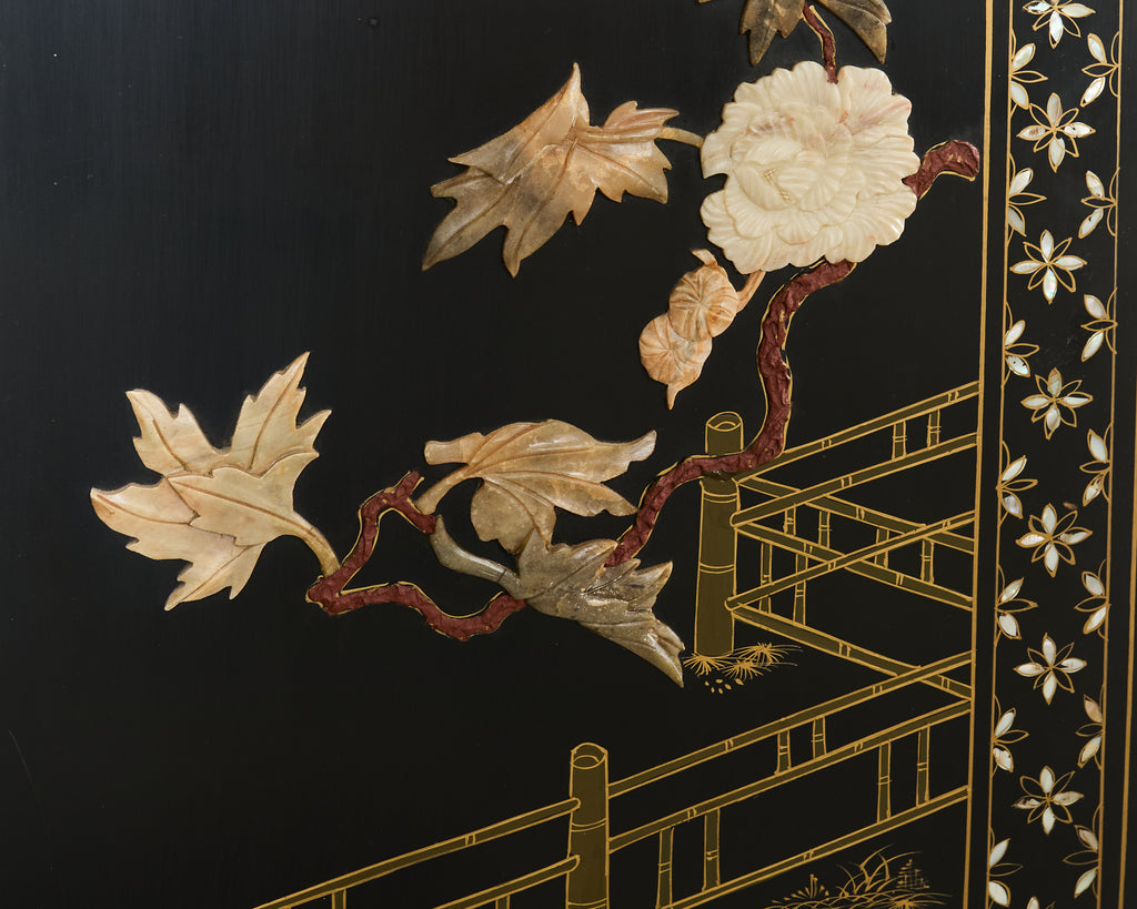Chinese Export Four Panel Carved Soapstone Coromandel Screen
