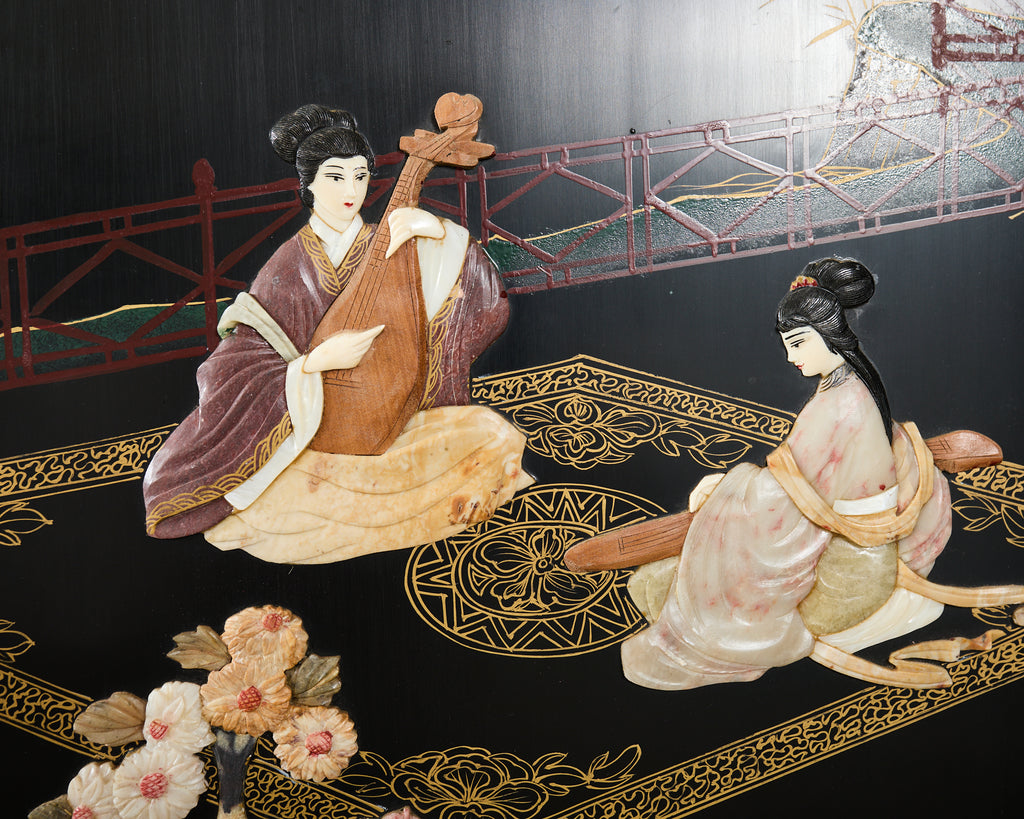 Chinese Export Four Panel Carved Soapstone Coromandel Screen