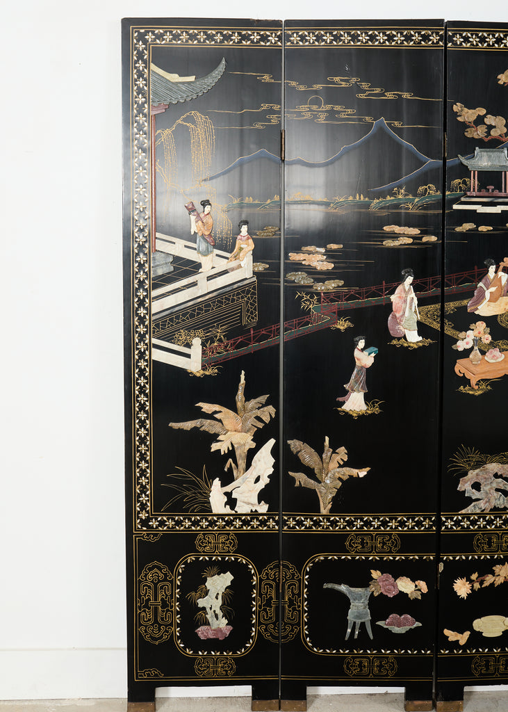 Chinese Export Four Panel Carved Soapstone Coromandel Screen