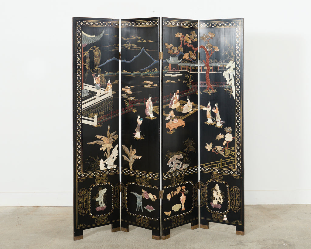 Chinese Export Four Panel Carved Soapstone Coromandel Screen