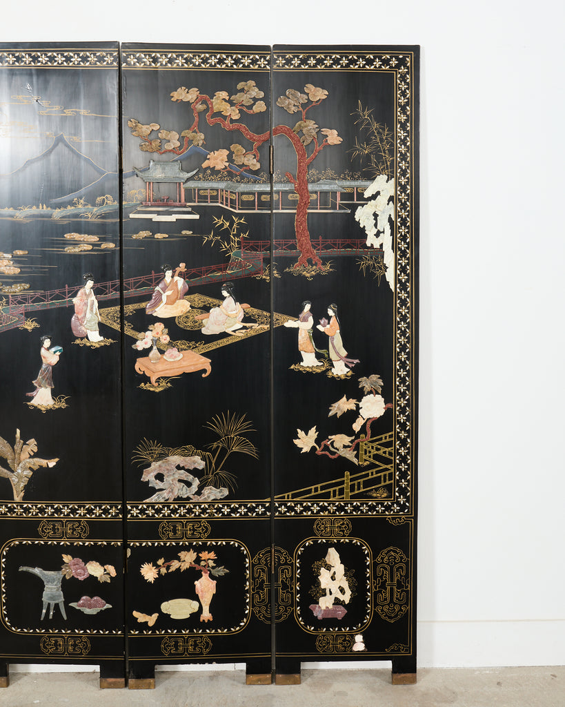 Chinese Export Four Panel Carved Soapstone Coromandel Screen