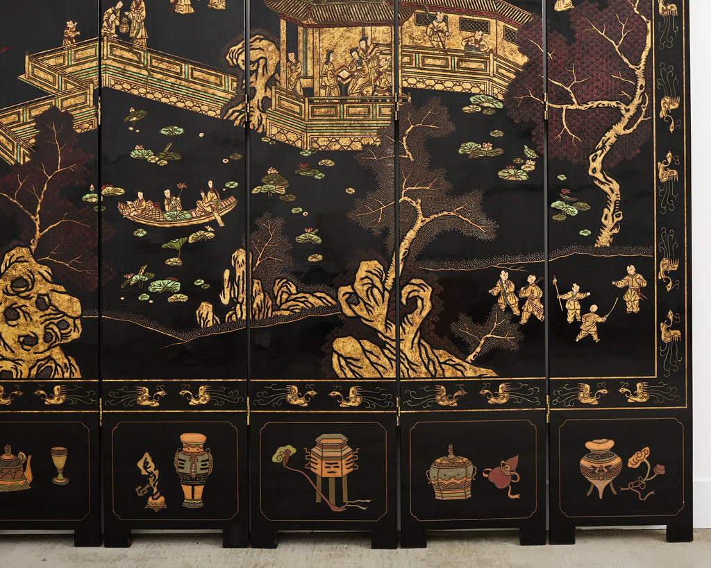Grand Chinese Export Eight Panel Lacquered Coromandel Screen