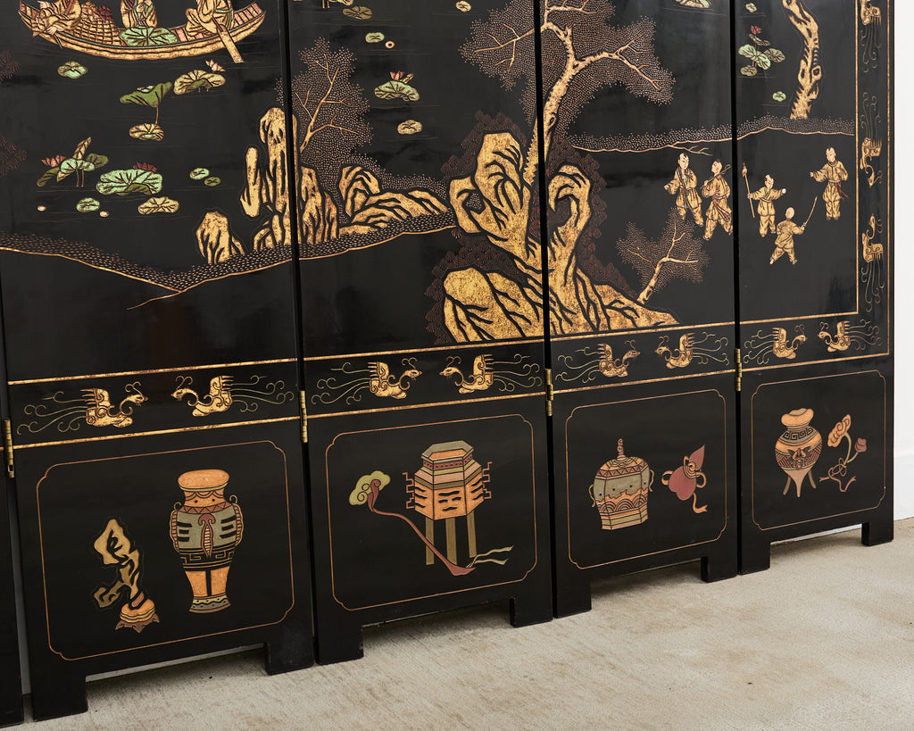 Grand Chinese Export Eight Panel Lacquered Coromandel Screen