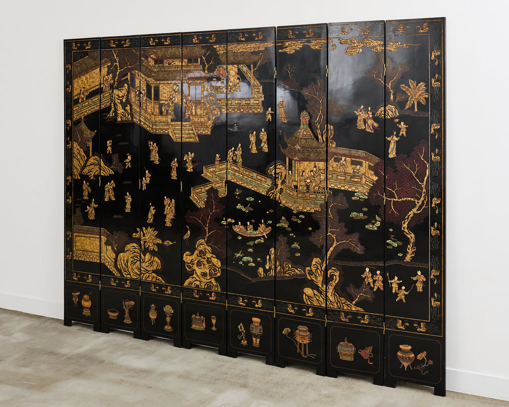 Grand Chinese Export Eight Panel Lacquered Coromandel Screen