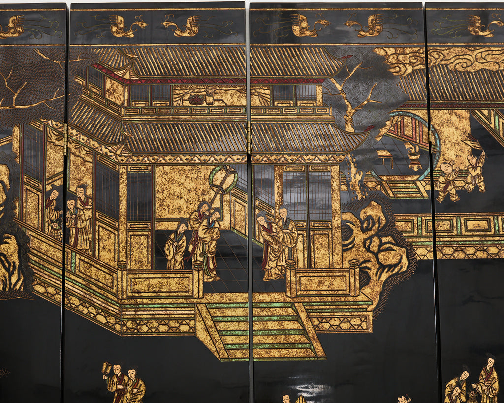 Grand Chinese Export Eight Panel Lacquered Coromandel Screen