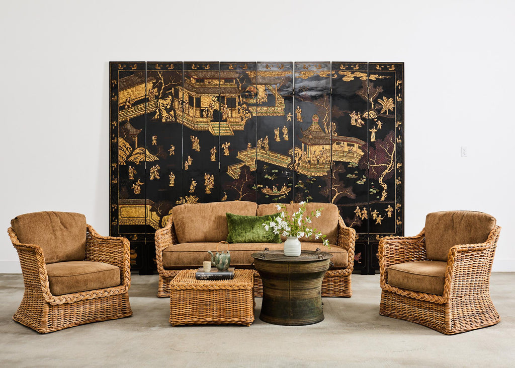 Grand Chinese Export Eight Panel Lacquered Coromandel Screen