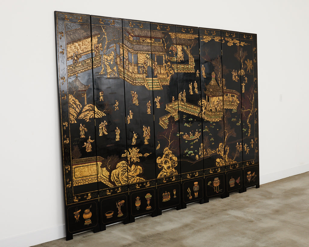 Grand Chinese Export Eight Panel Lacquered Coromandel Screen