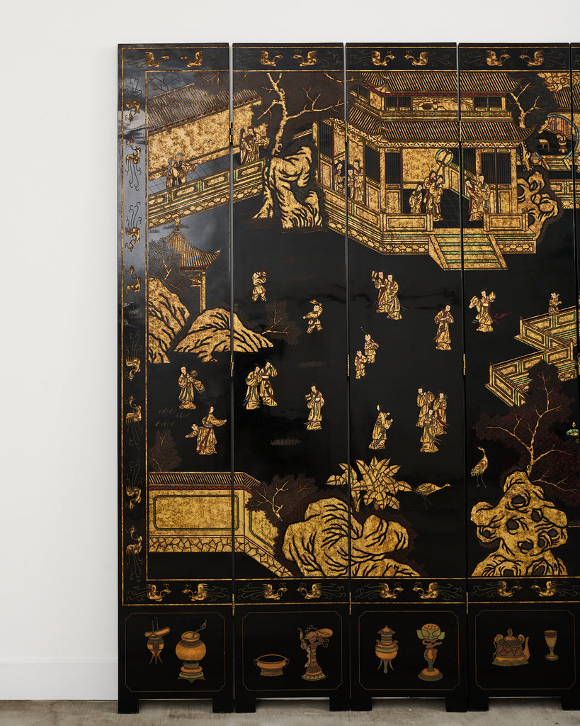 Grand Chinese Export Eight Panel Lacquered Coromandel Screen