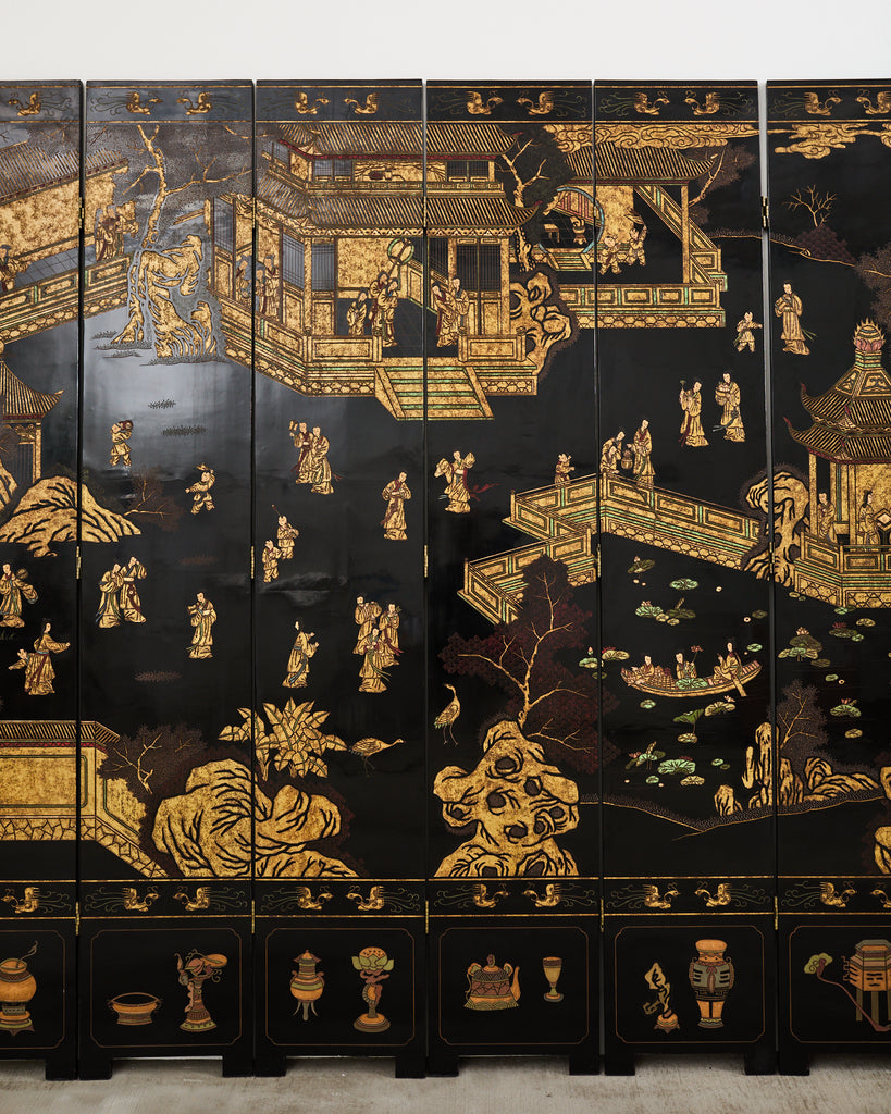 Grand Chinese Export Eight Panel Lacquered Coromandel Screen